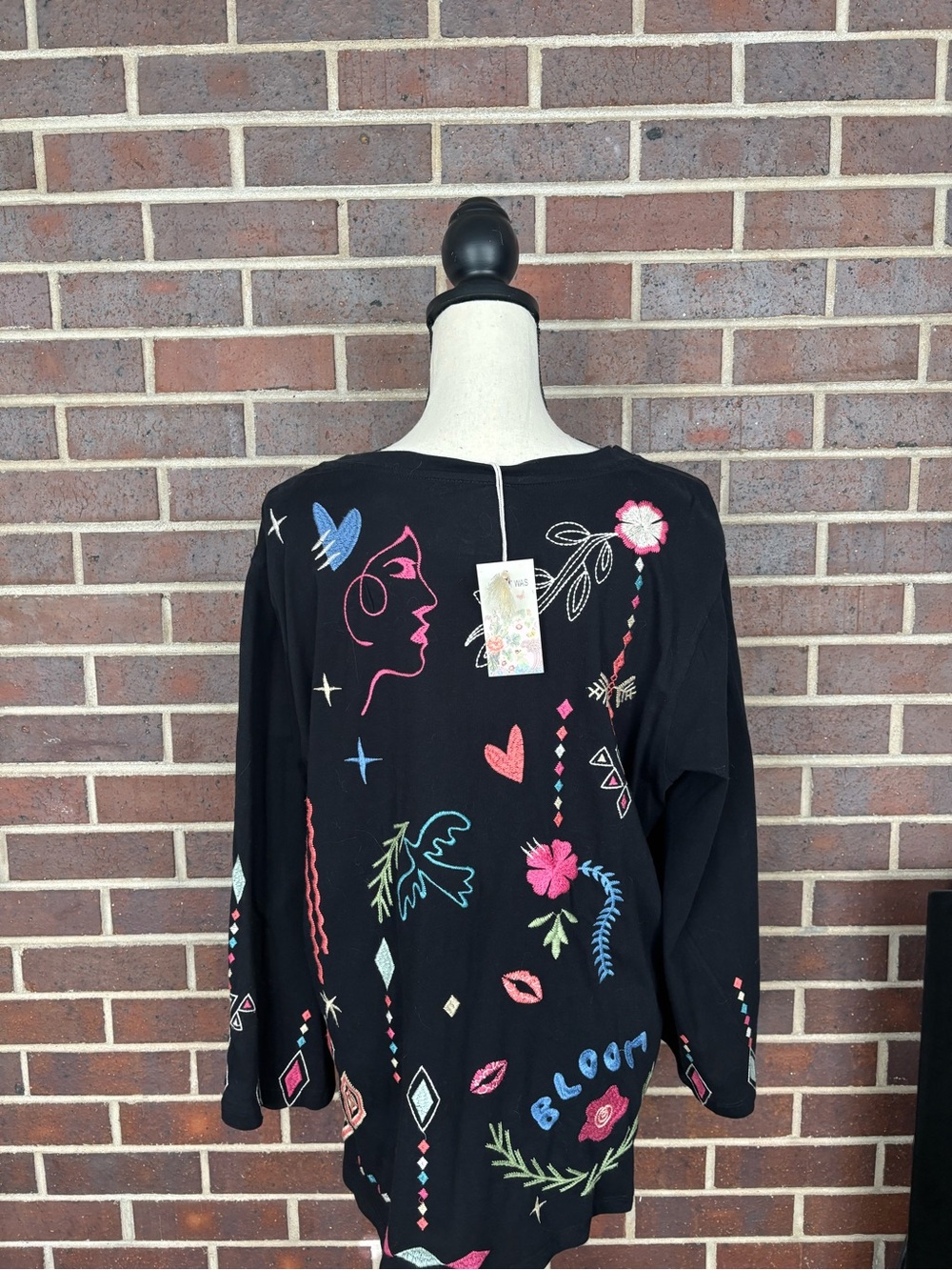 NWT JOHNNY WAS MILLEY KIMONO SLEEVE TEE Embroidered Black Cotton XL - Picture 6 of 7
